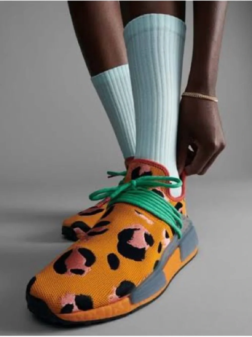 Adidas Pharrell Williams Orange and Green Leopard Knit Athletic Sneakers